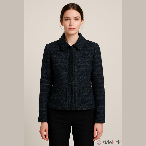 Elie Tahari Jackets & Blazers - Elie Tahari Sz 10 Navy blue Black Tweed Blazer Jacket Ruffle collar trim
